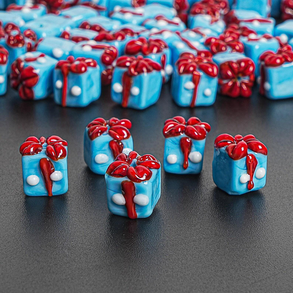 12X10MM Blue Christmas Gift Box Glass Beads 5 Pcs Christmas Gift Box Beads Xmas Beads