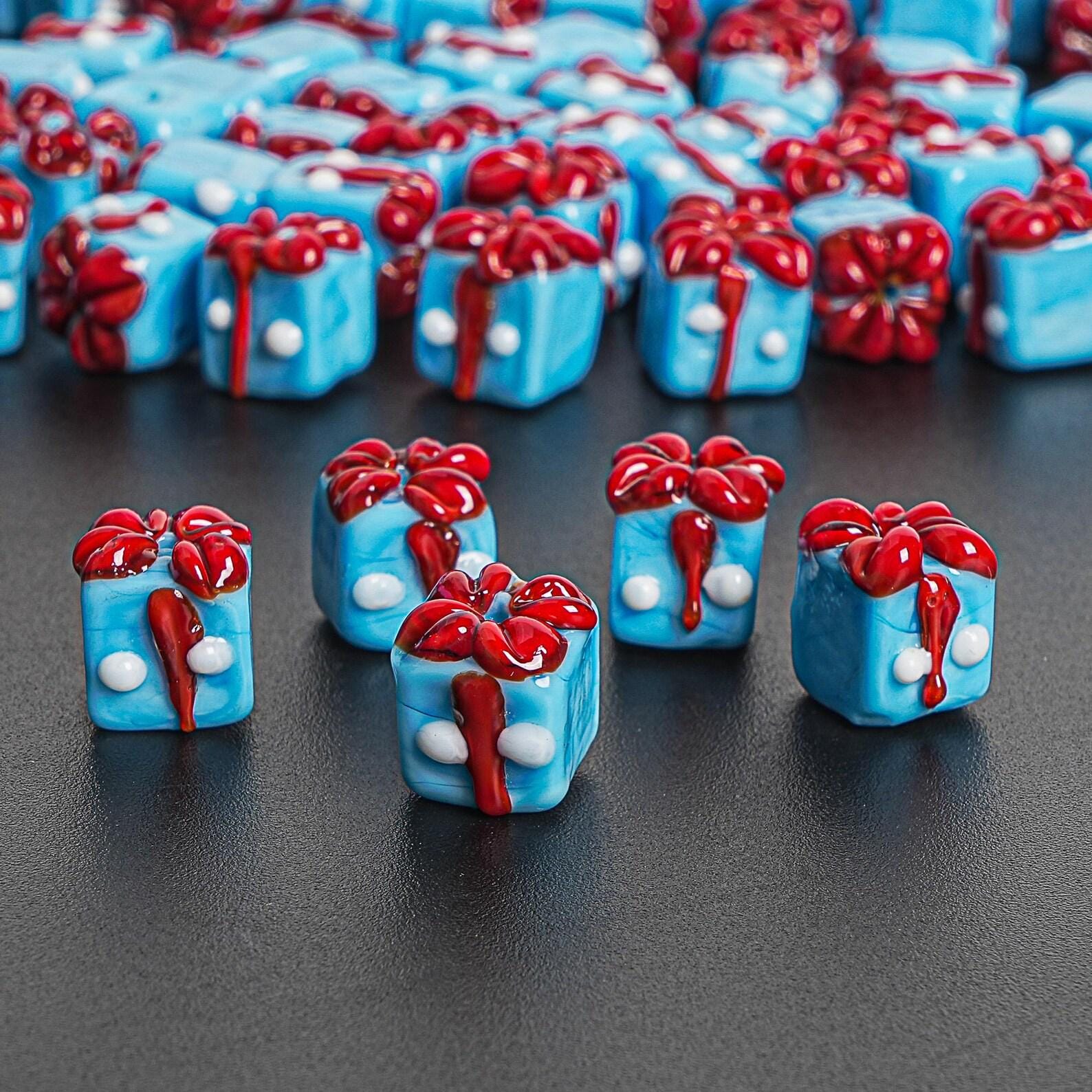 12X10MM Blue Christmas Gift Box Glass Beads 5 Pcs Christmas Gift Box Beads Xmas Beads