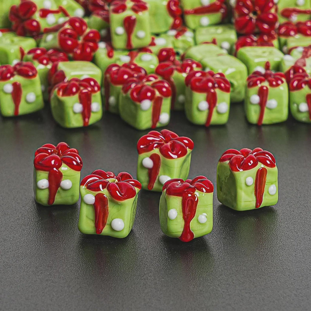 12X10MM Green Christmas Gift Box Glass Beads 5 Pcs Christmas Gift Box Beads Xmas Beads