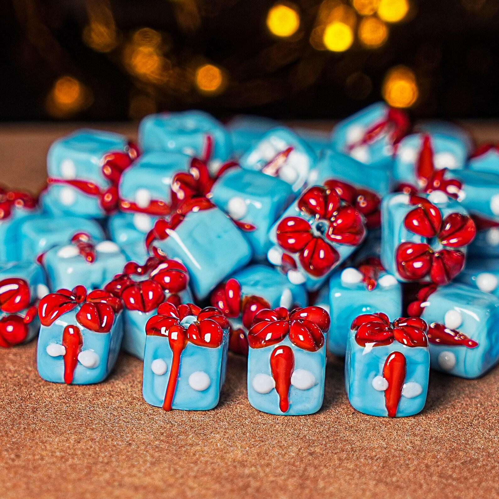 12X10MM Blue Christmas Gift Box Glass Beads 5 Pcs Christmas Gift Box Beads Xmas Beads