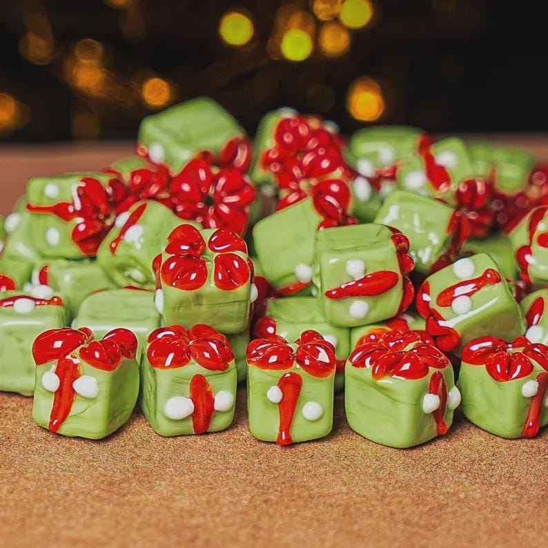 12X10MM Green Christmas Gift Box Glass Beads 5 Pcs Christmas Gift Box Beads Xmas Beads